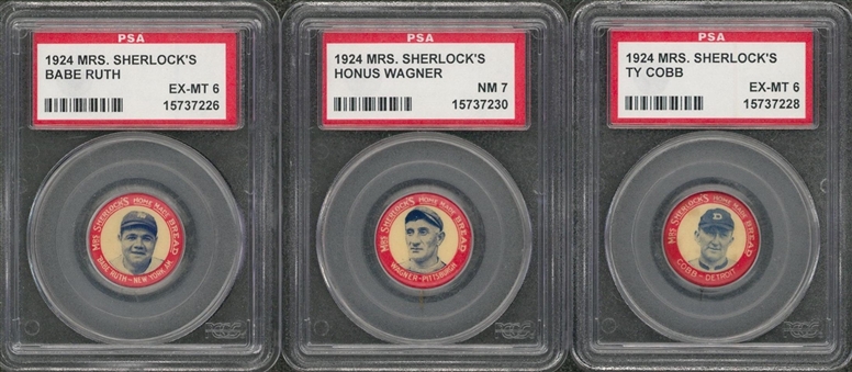 1924 Mrs. Sherlocks Bread Pins PSA-Graded Trio (3 Different) – Including Ruth, Wagner and Cobb